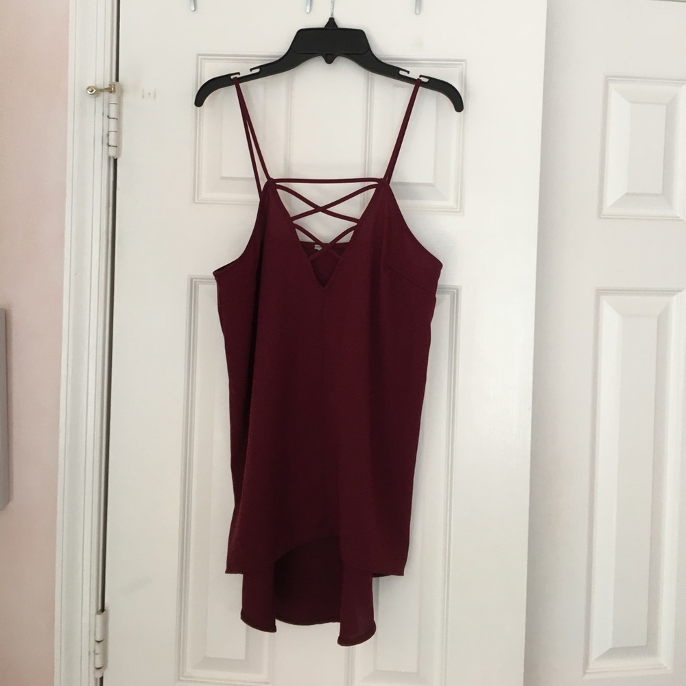 Burgundy criss cross silky tank
