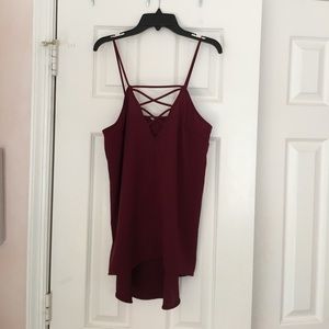 Burgundy criss cross silky tank