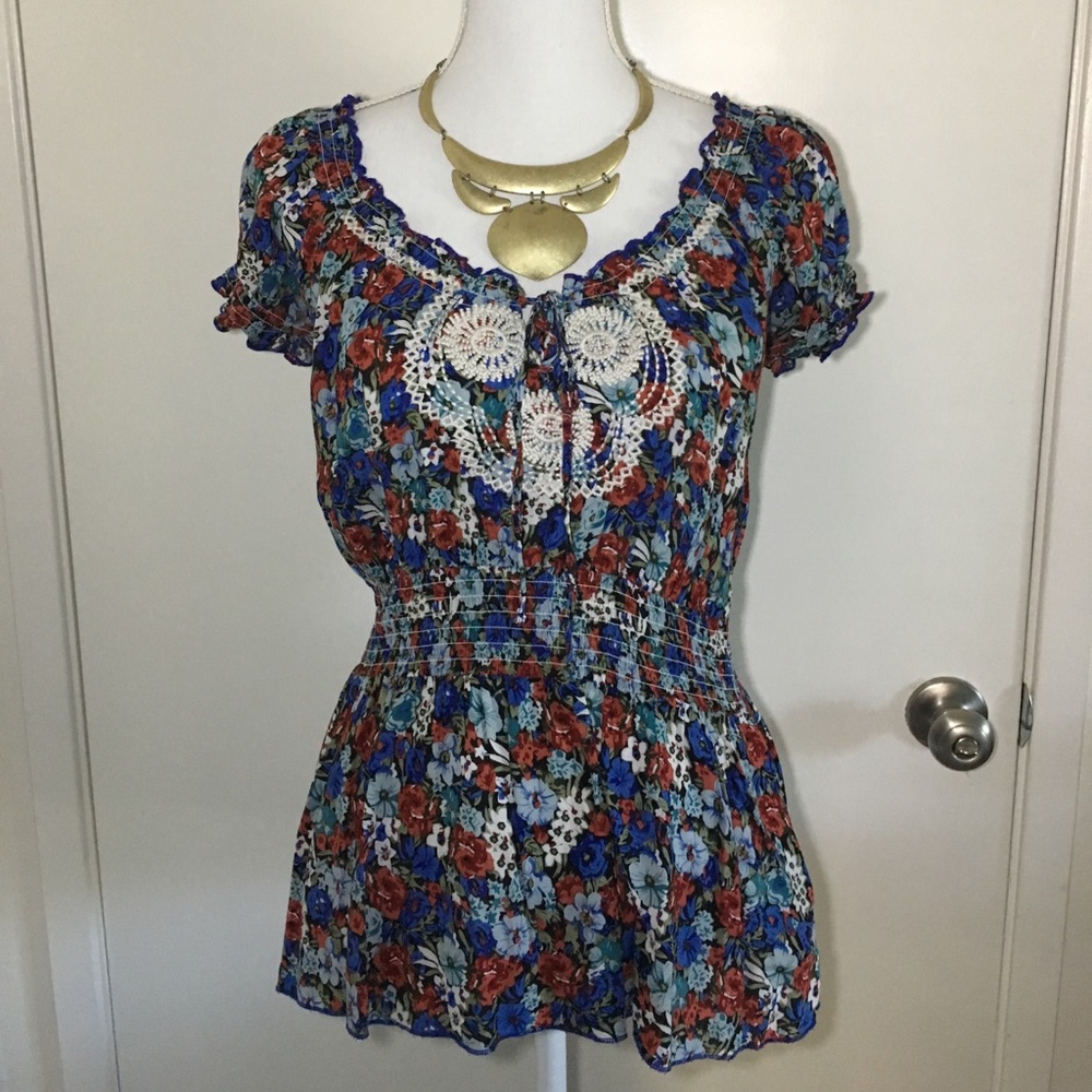 Floral embroidered peasant blouse