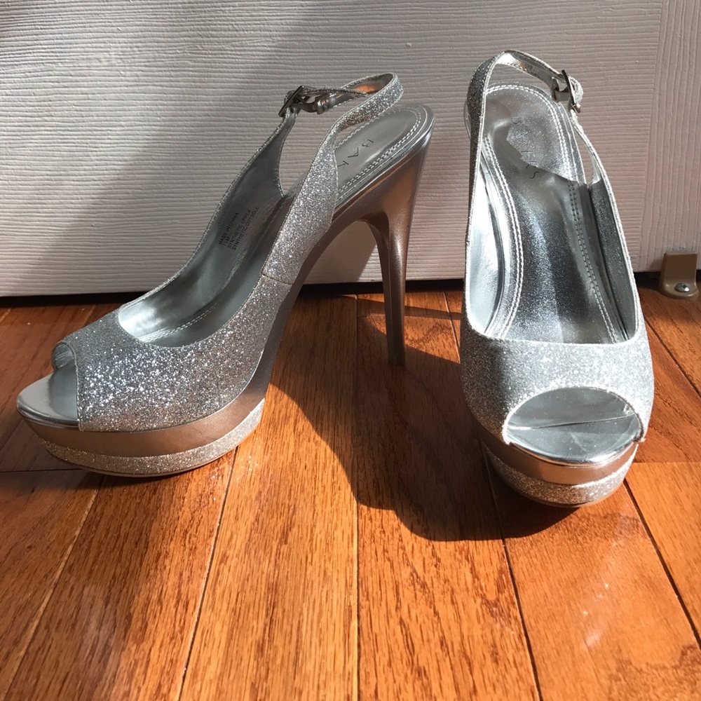 NEW- never worn, glitter silver sling backs
