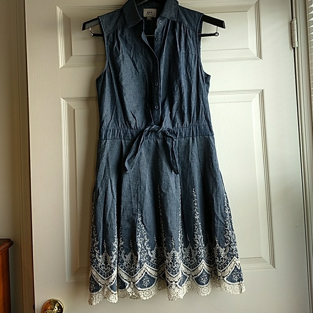 eci Brand Denim and Lace Button-up Dress