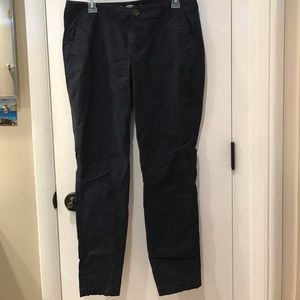 Dark blue long pants.