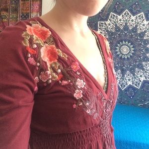 JWLA Long Sleeve Embroidered Floral Top - Maroon