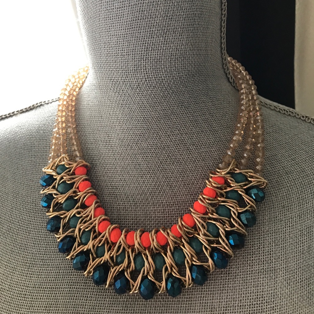 Blue & Orange Bead Statement Necklace