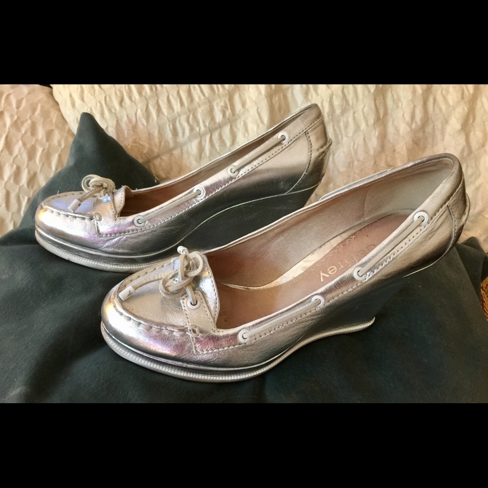 Shining Silver Sperry's w/mile high wedge heel~10
