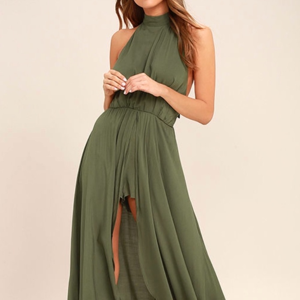 Olive green maxi skirt with front slit & shorts