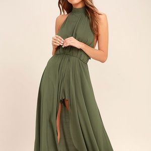 Olive green maxi skirt with front slit & shorts