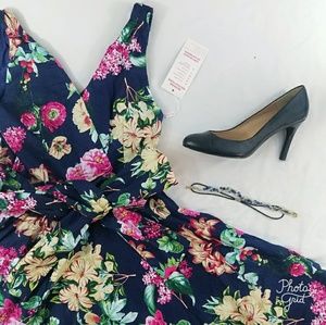 Women V-neck Vintage Floral 50s Swing Tea Dress