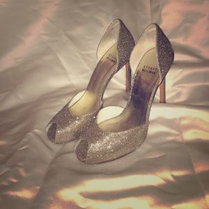 Glittery gold Stewart weitzman peep toe high heels