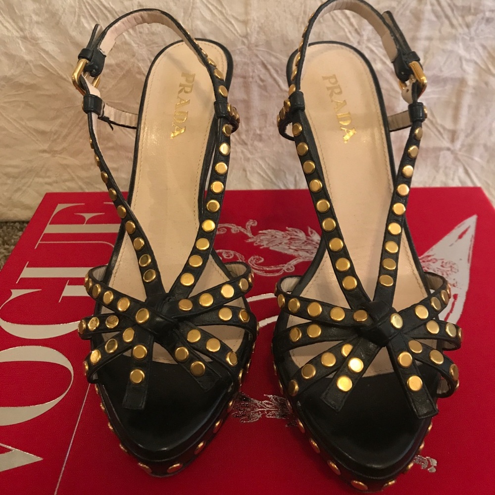 Prada Black Leather Heels with Gold Stud Detail
