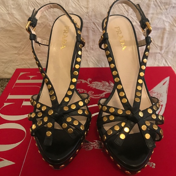 Prada Black Leather Heels with Gold Stud Detail