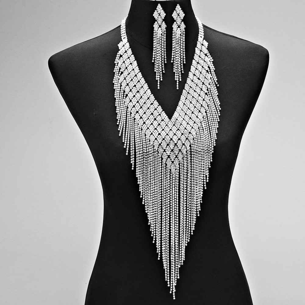 Rhinestone Fringe Statement Necklace