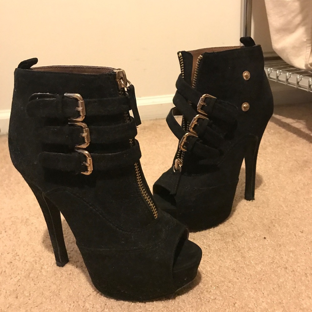 Black open toed heel booties