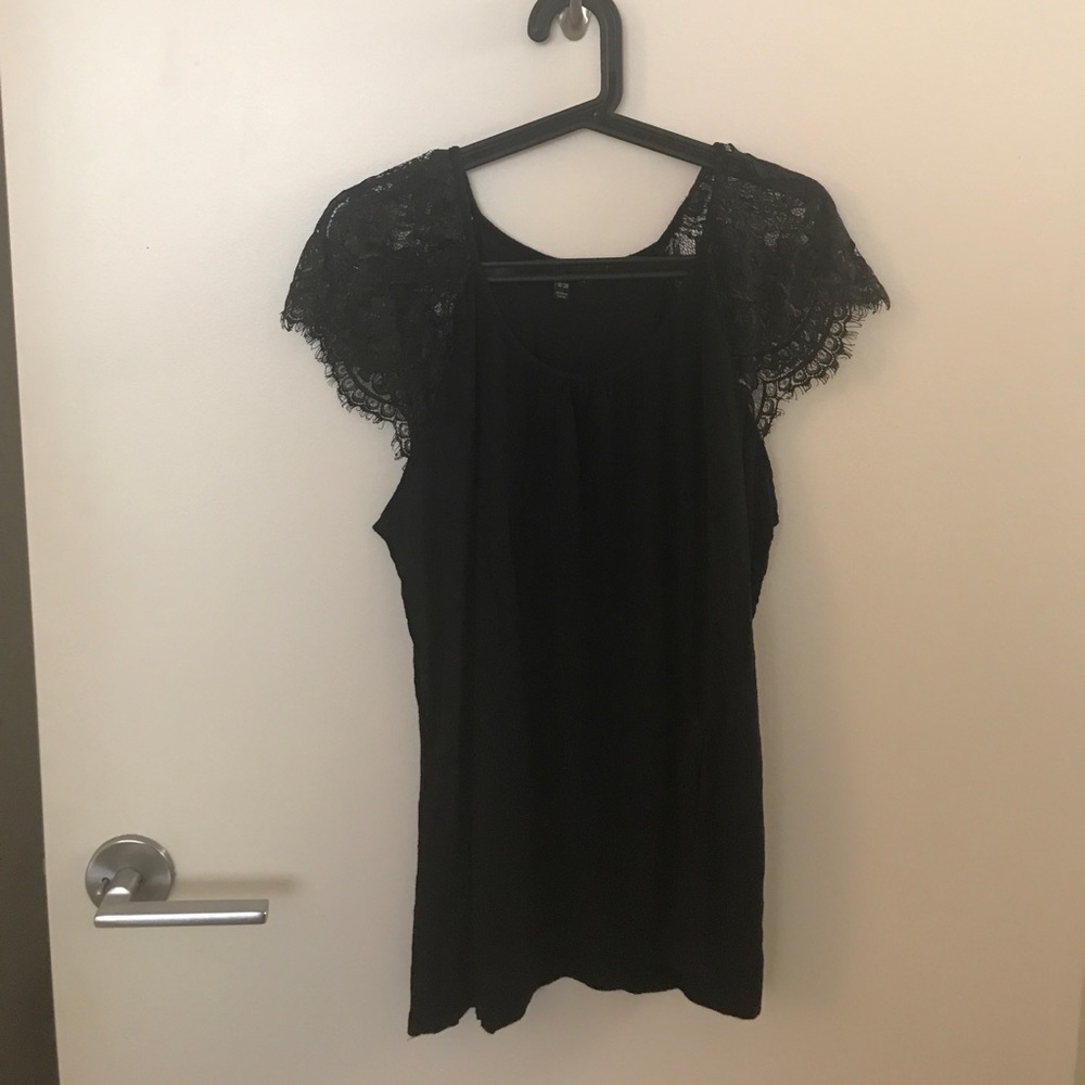 Black Scoop Neck Blouse w/ Lace Sleeves