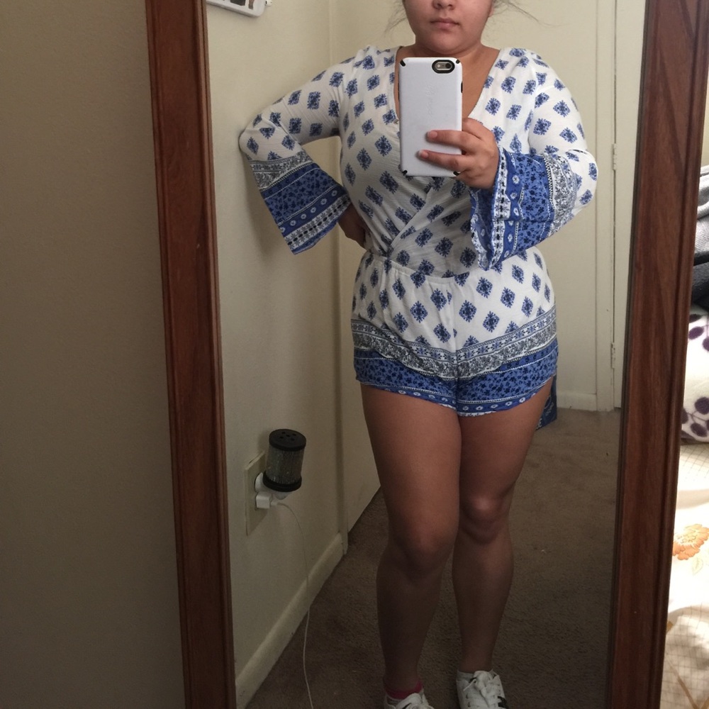Blue and white detailed romper