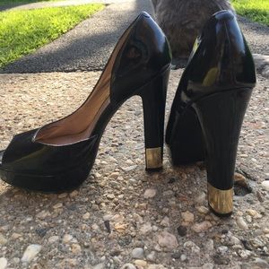 BCBG PARIS Black Peeptoe Patent Pumps