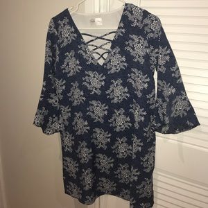 Denim like shift dress with white floral pattern