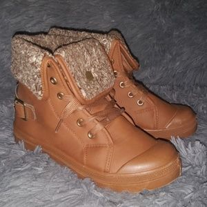 Brown faux leather sweater cuffed boots😍