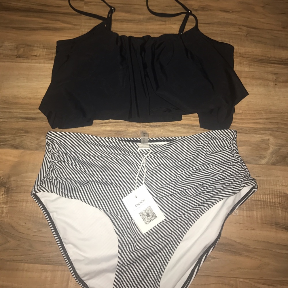 High waisted swimsuit with black swim top