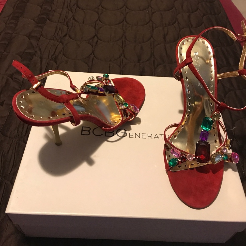 Red Suede Jeweled Heels