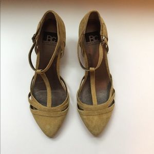 Mustard Suede T-Strap Heels