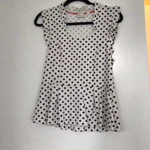 Blue/white polka dot peplum top with ruffle detail