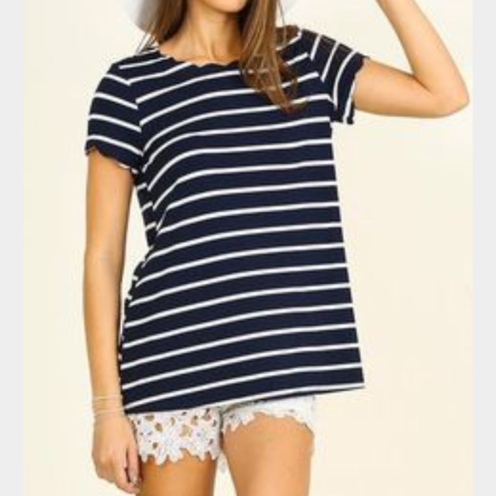 Umgee navy striped scalloped hem tee