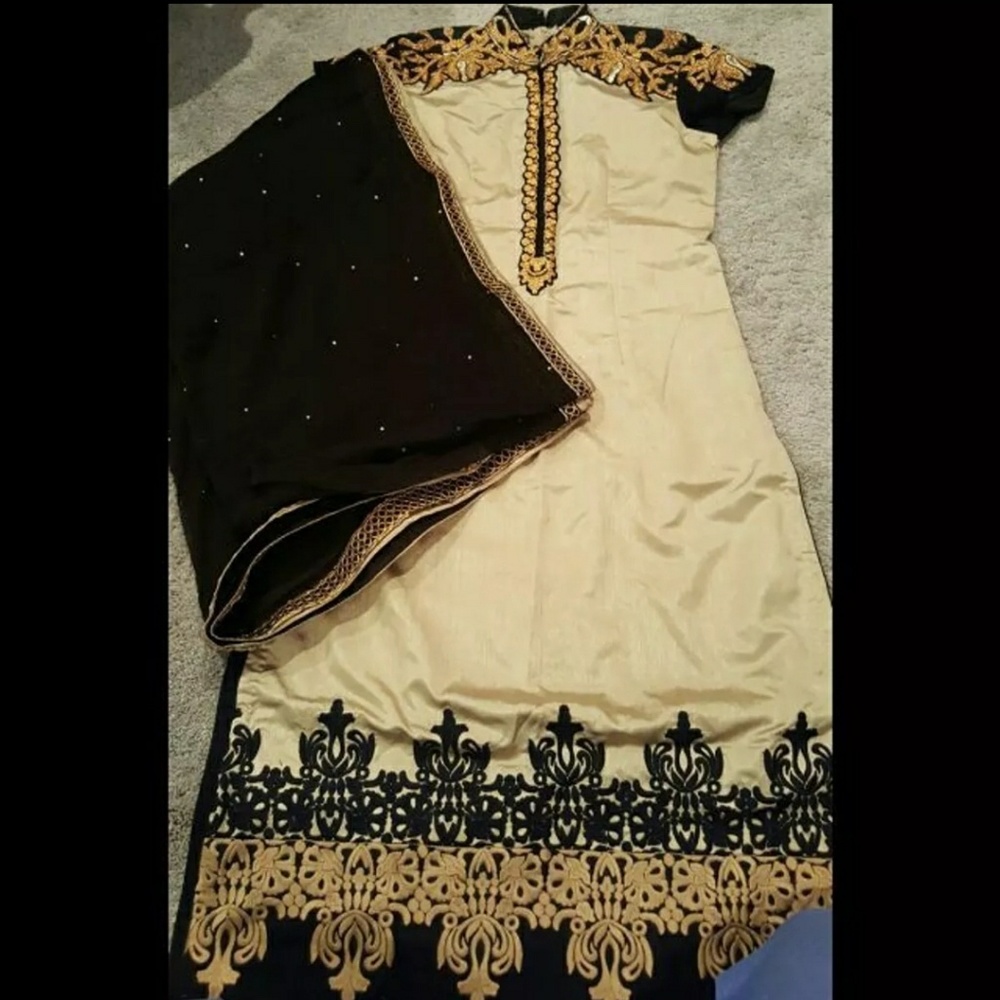 Gold and Black Raw Silk Salwar Kameez