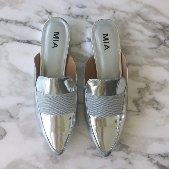 silver flat mules