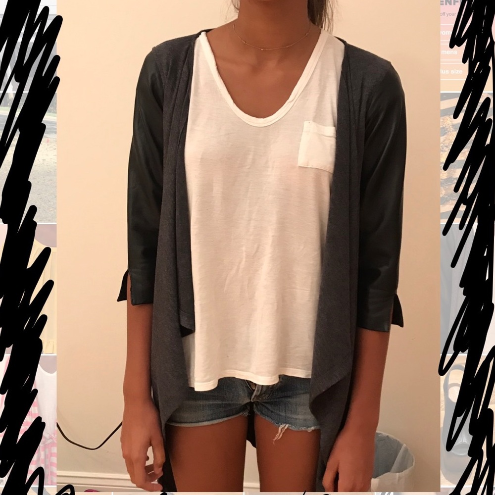 Jet by John Eshaya leather sleeve open cardigan
