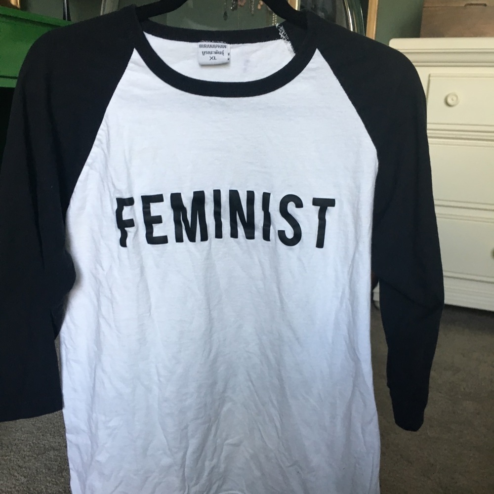 "Feminist" black & white baseball tee
