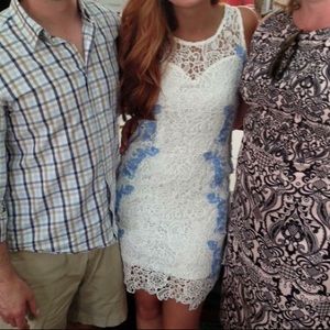 White Lace Dress with Blue Detail