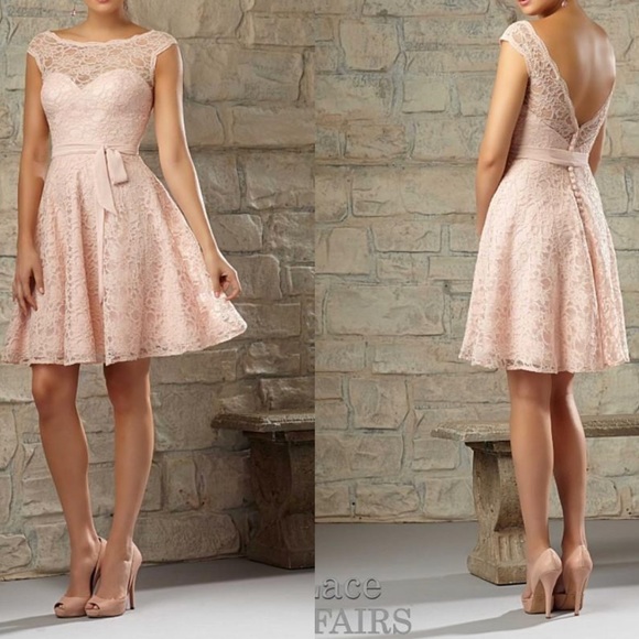Mori Lee Dresses & Skirts - Blush Pink Lace Illusion Neckline Cap Sleeve Dress