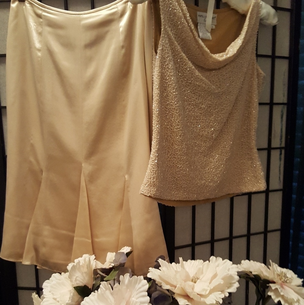 Elegant 100% silk gold skirt and gold beaded shell