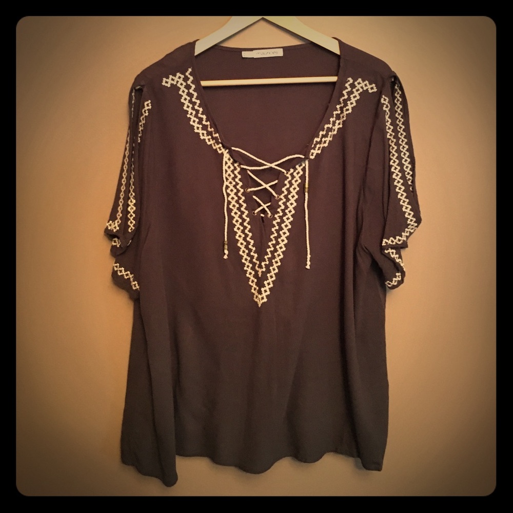 Gray Bohemian Tunic with Cream Stitching