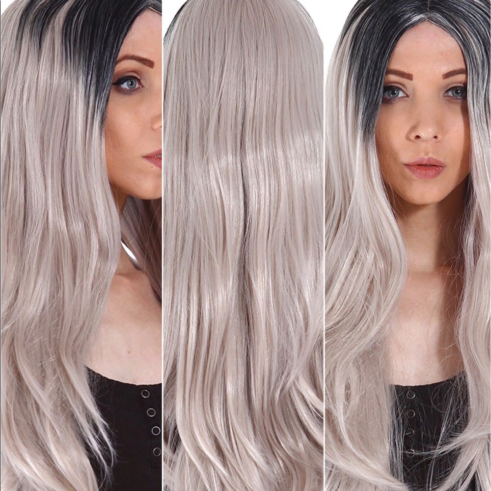 Long, Two Tone Black/Grey Ombré Wig