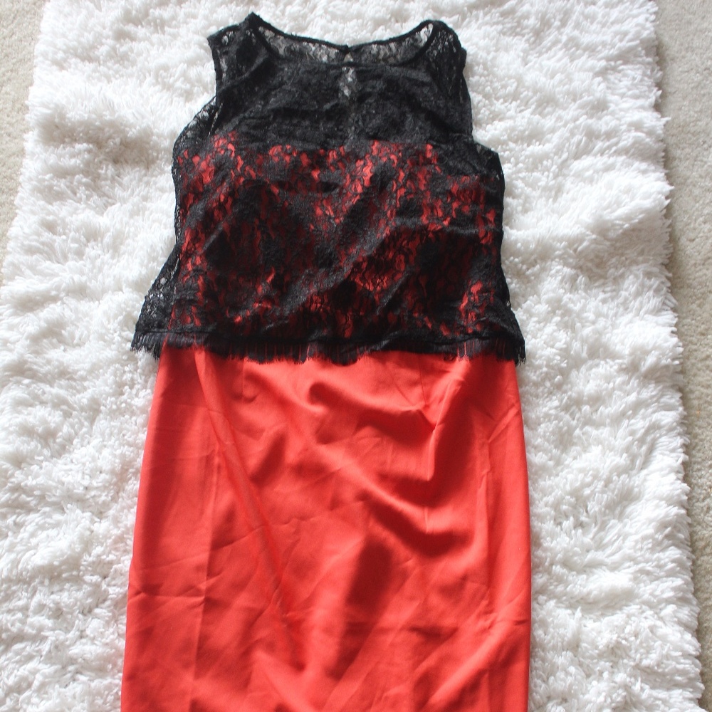 red black dress Illusion overlay peplum sheath