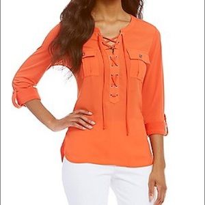 🔥Nygard Orange Lace-up v-neck blouse Dillards