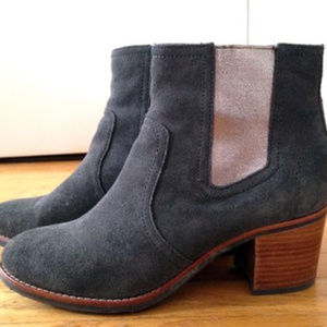 Grey suede Sperry boots with stacked heel