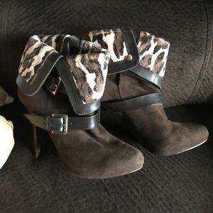 GUESS Animal Print Chocolate Suede Booties