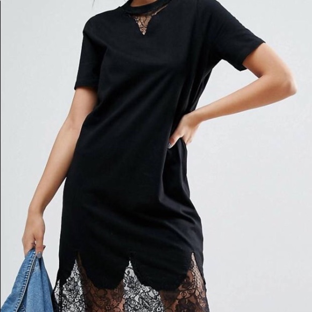 ASOS Tall Black Lace T-Shirt Dress Size 4L