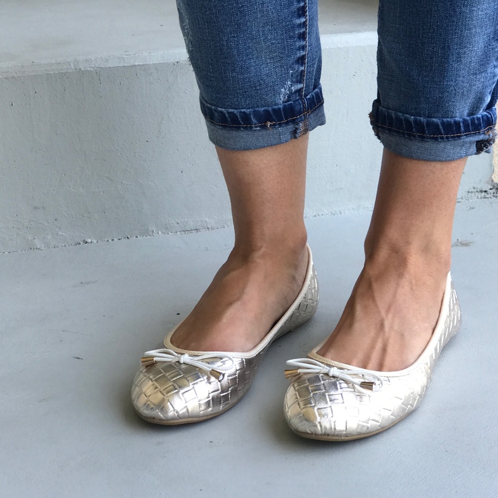 Golden Champagne Woven Quilted Bow Ballet Flats