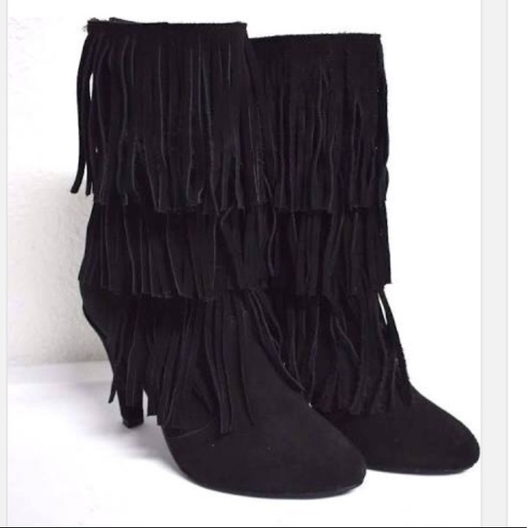 Catherine Malandrino Black Triple Fringe Boots - Picture 2 of 2