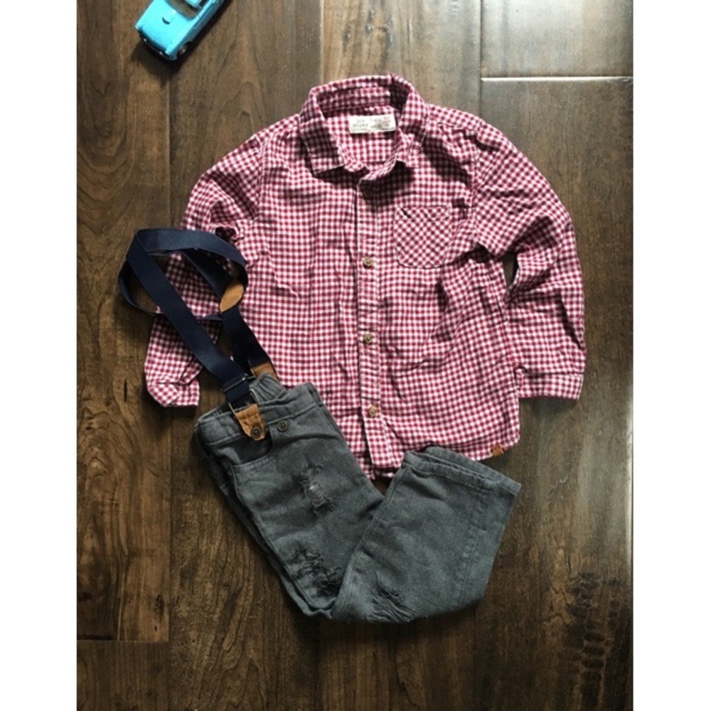 Boys' Zara Burgundy and White Plaid Shirt 2/3 Yrs
