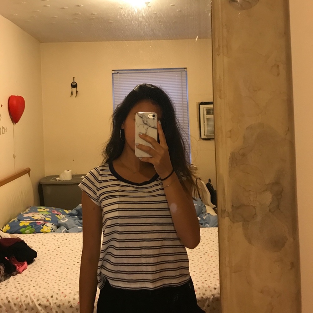 Express navy blue and white striped pocket tee