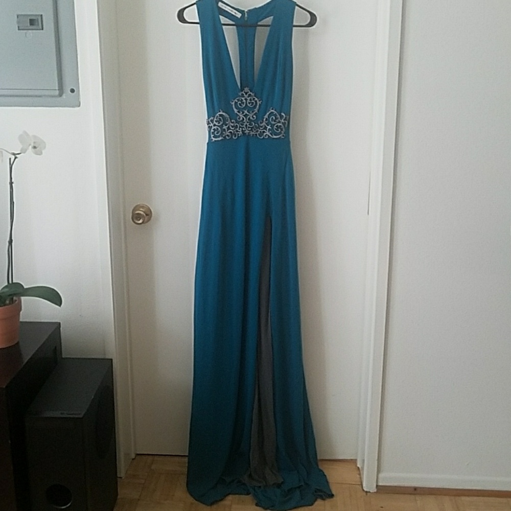 High Slit Teal Long Gown/Formal/Prom