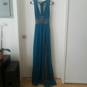 High Slit Teal Long Gown/Formal/Prom