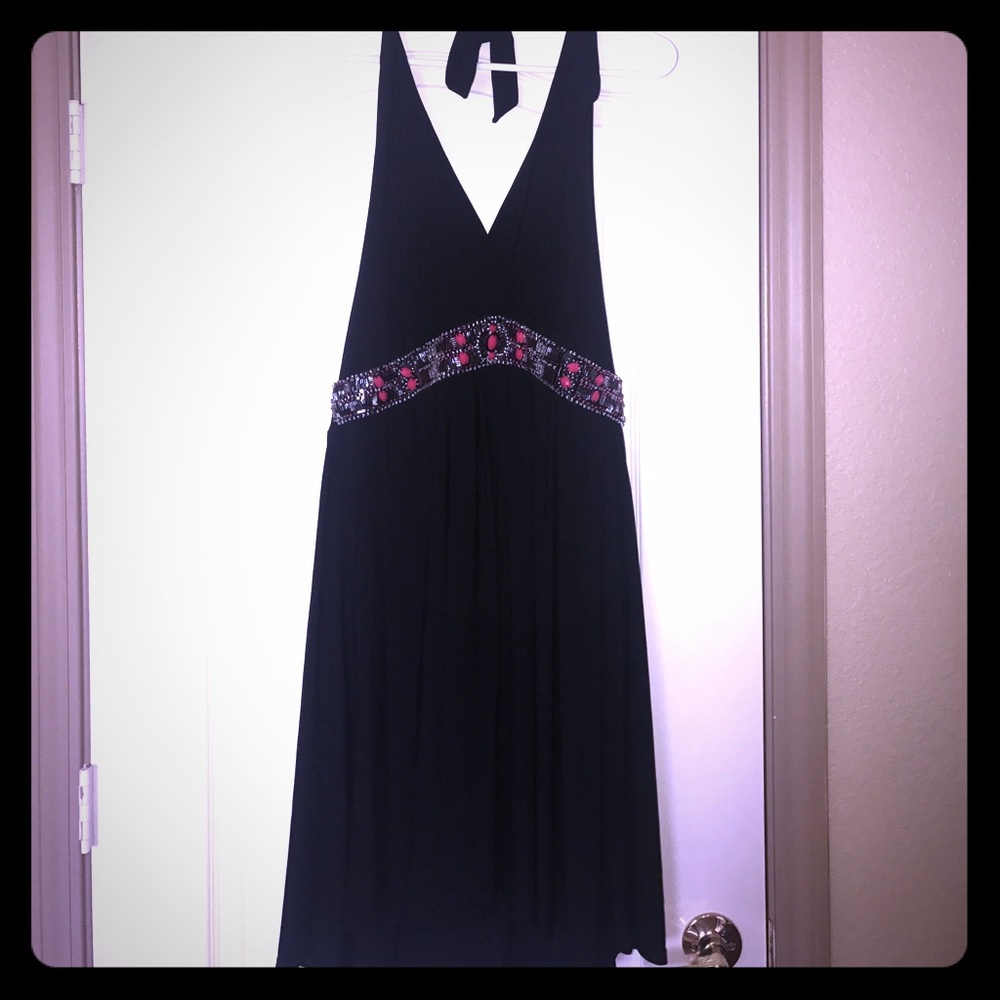 Black halter dress with beaded waist
