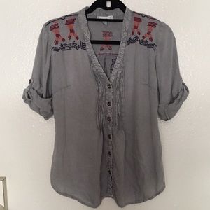 Button Down Blouse With Embroidered Detail