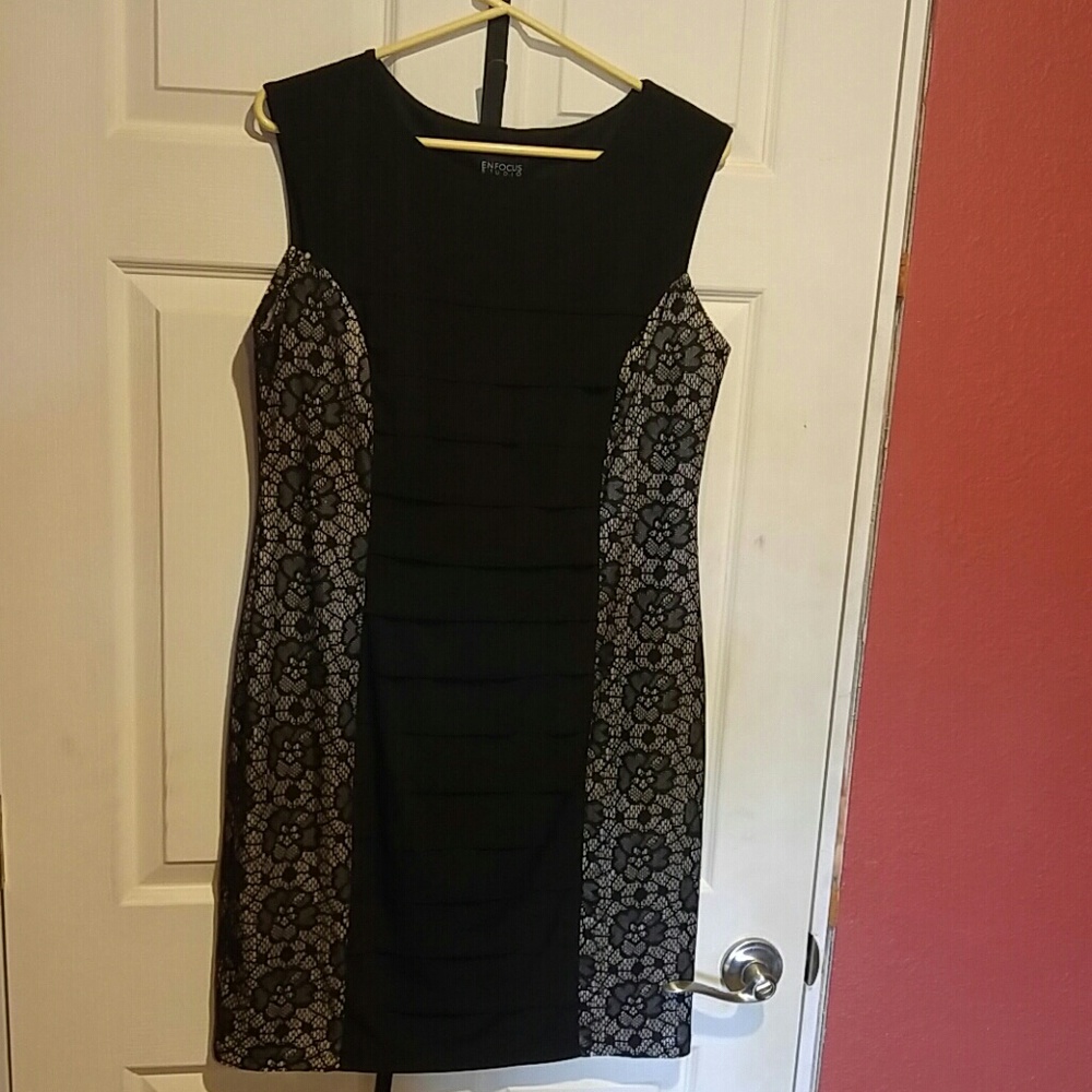 Black and tan-ish pencil dress with lace sides
